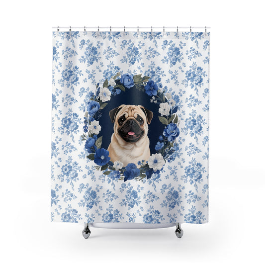 Pug Dog Blue Floral Shower Curtain – Dog Portrait Bath Decor
