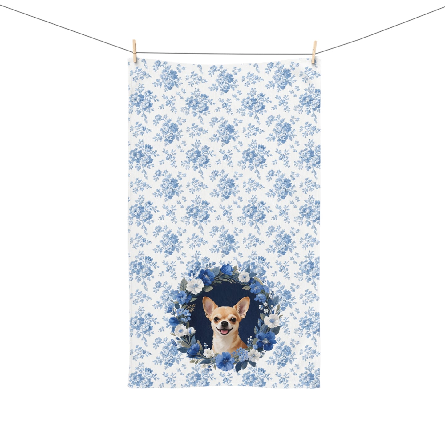 Blue Floral Chihuahua Dog Portrait Hand Towel – Cute Pet Bathroom Accessory