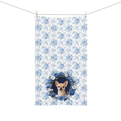 Blue Floral Chihuahua Dog Portrait Hand Towel – Cute Pet Bathroom Accessory
