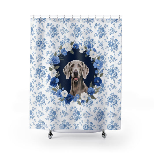 Weimaraner Dog Blue Floral Shower Curtain – Dog Portrait Bath Decor