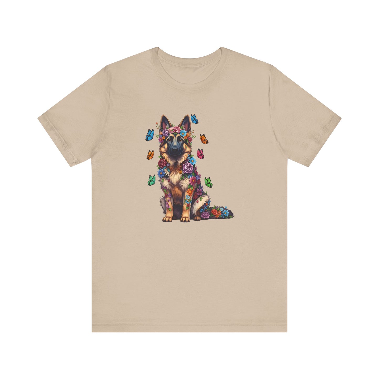 Whimsical Floral German Shepherd Tee – Colorful Dog Lover Shirt with Butterflies