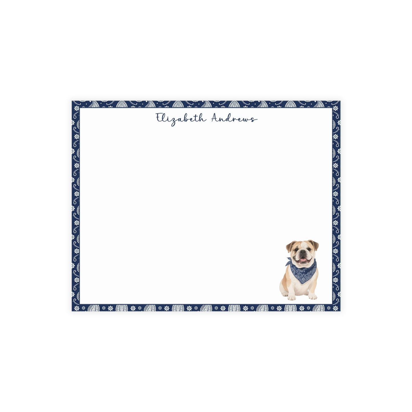 Personalized English Bulldog Navy Blue Paisley Notecard Set
