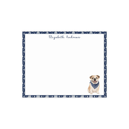 Personalized English Bulldog Navy Blue Paisley Notecard Set