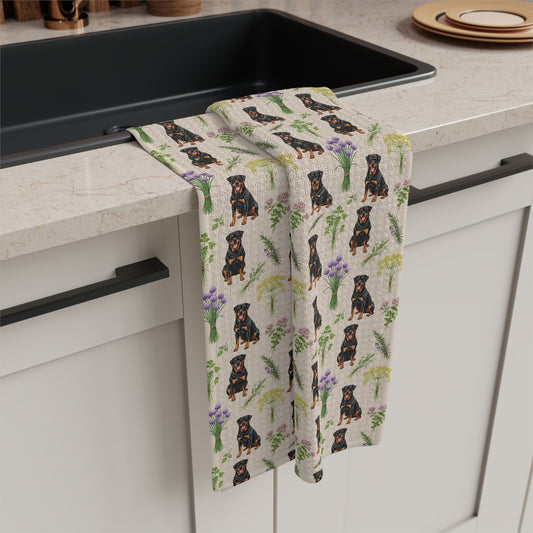 Rottweiler Dog & Herbs Tea Towel - Floral Dog Kitchen Towel