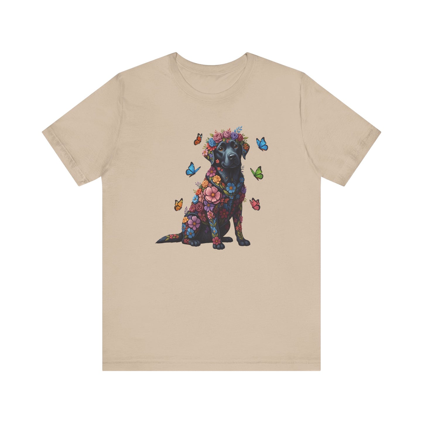 Whimsical Floral Black Labrador Retriever Tee – Colorful Dog Lover Shirt with Butterflies