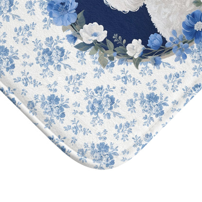 Blue Floral Poodle Bath Mat – Cute Poodle Dog Bathroom Rug
