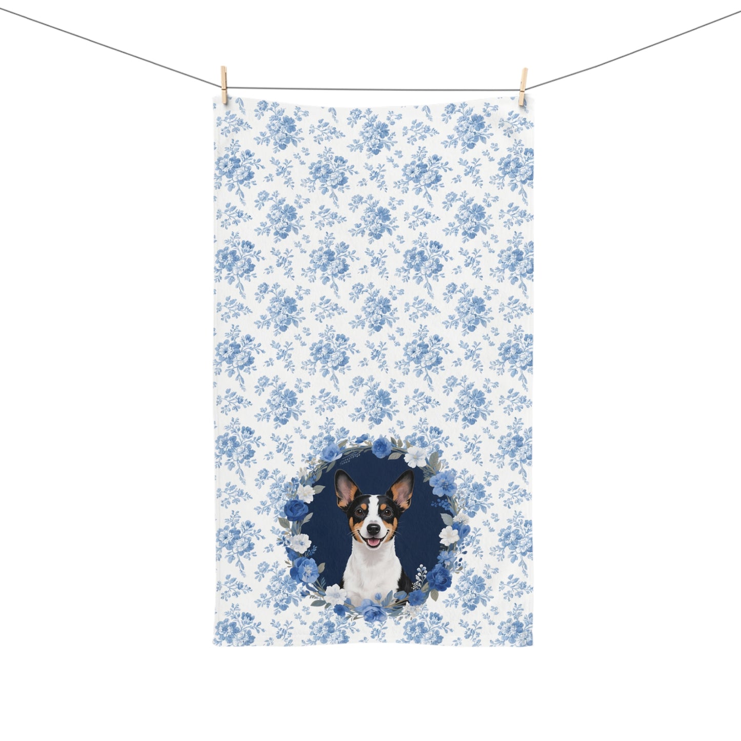 Blue Floral Rat Terrier Dog Portrait Hand Towel – Cute Pet Bathroom Accessory