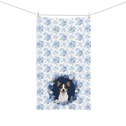 Blue Floral Rat Terrier Dog Portrait Hand Towel – Cute Pet Bathroom Accessory