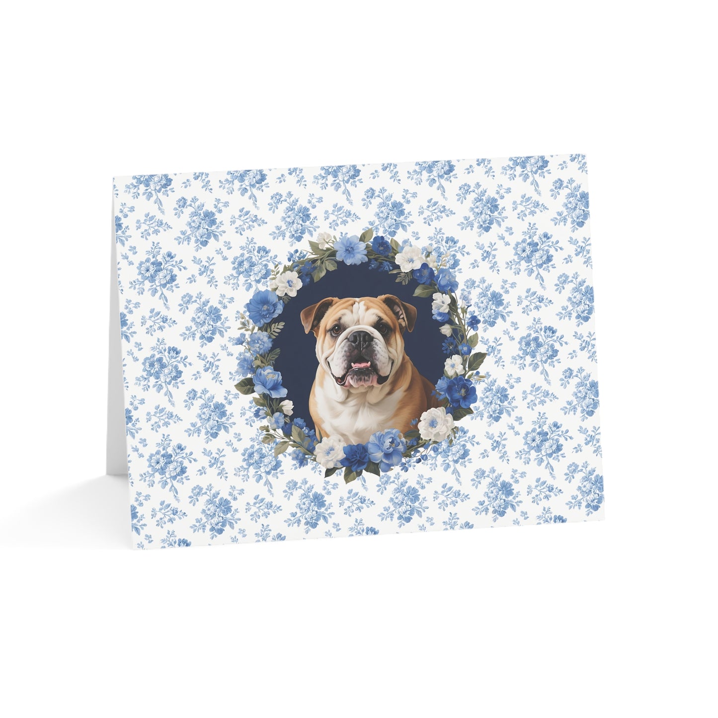 English Bulldog Blue Floral Greeting Card Set