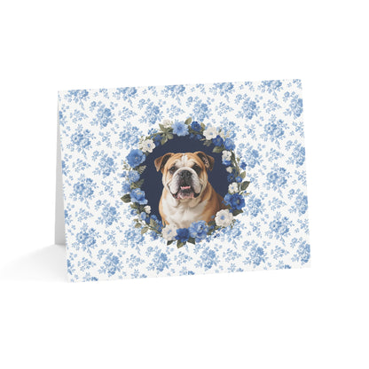 English Bulldog Blue Floral Greeting Card Set