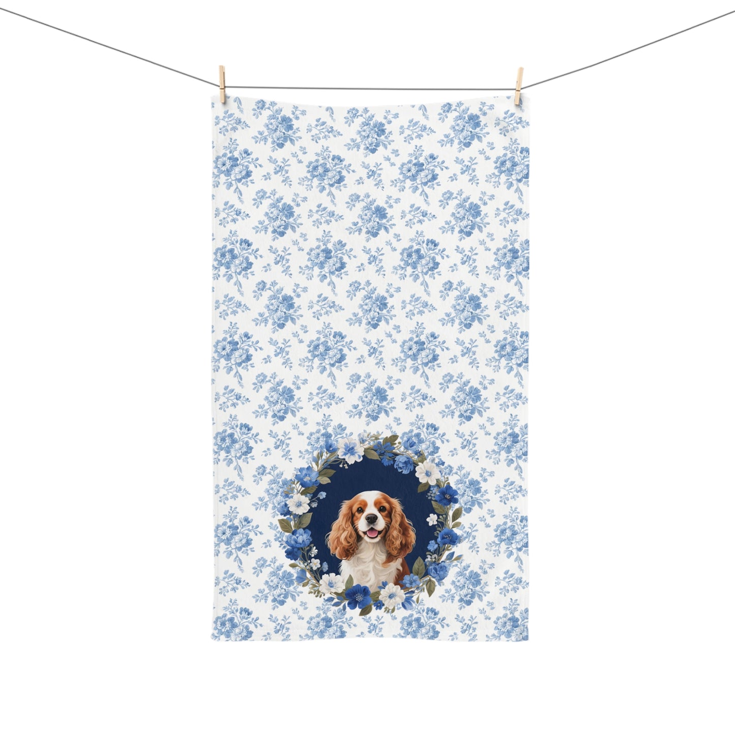Blue Floral Cavalier King Charles Spaniel Dog Portrait Hand Towel – Cute Pet Bathroom Accessory