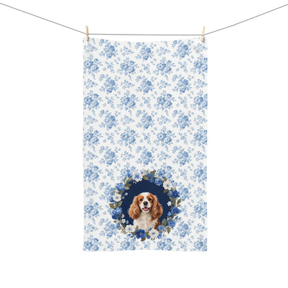 Blue Floral Cavalier King Charles Spaniel Dog Portrait Hand Towel – Cute Pet Bathroom Accessory