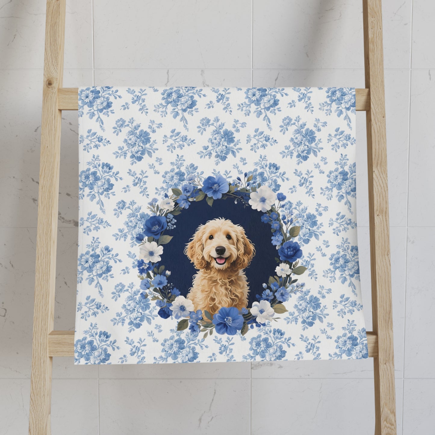 Blue Floral Goldendoodle Dog Portrait Hand Towel – Cute Pet Bathroom Accessory
