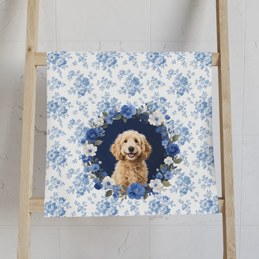 Blue Floral Goldendoodle Dog Portrait Hand Towel – Cute Pet Bathroom Accessory