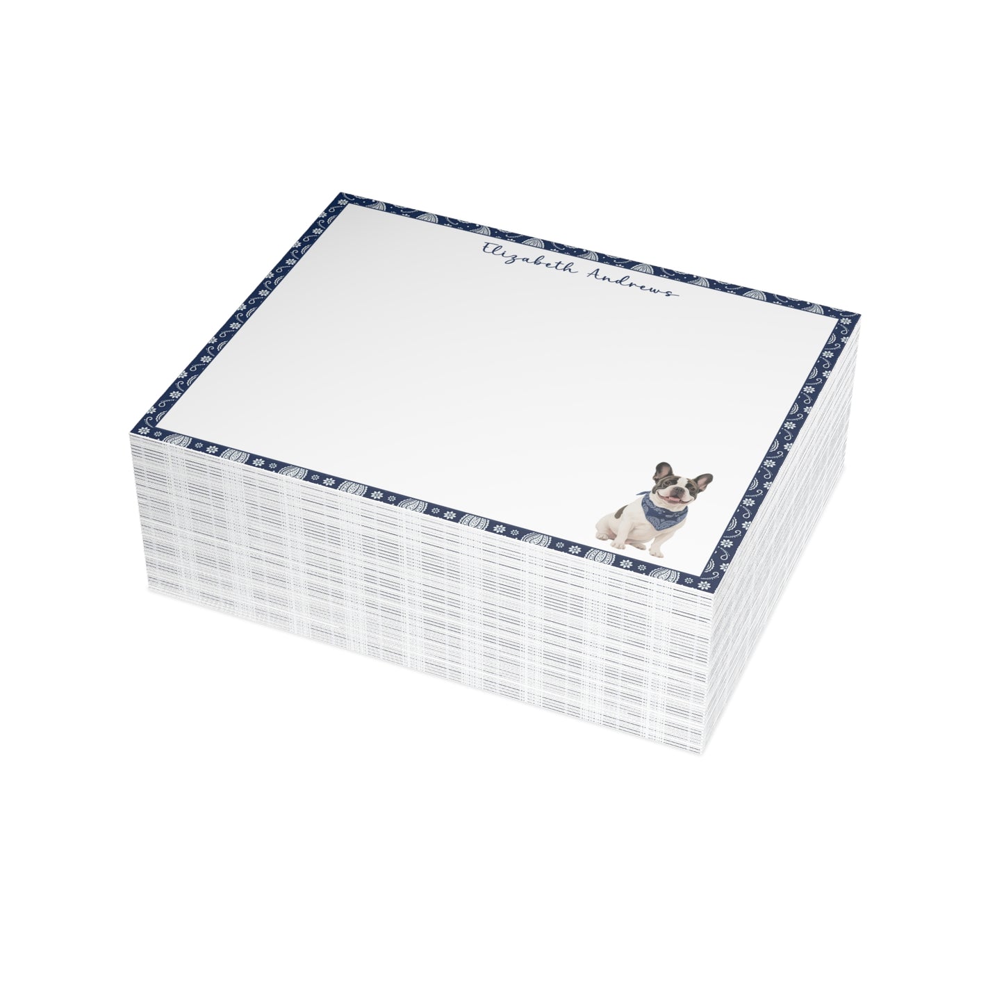 Personalized French Bulldog Navy Blue Paisley Notecard Set