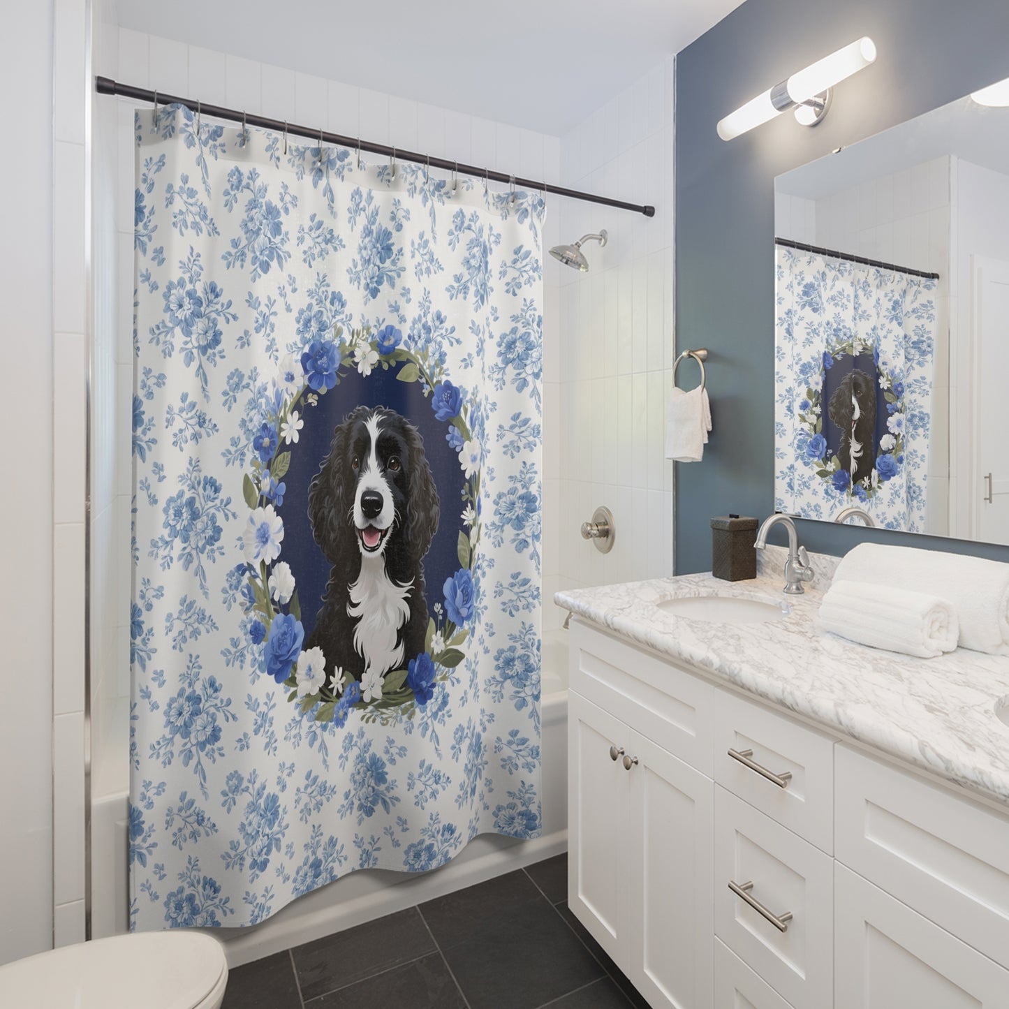 Portuguese Water Dog Blue Floral Shower Curtain – Dog Portrait Bath Decor