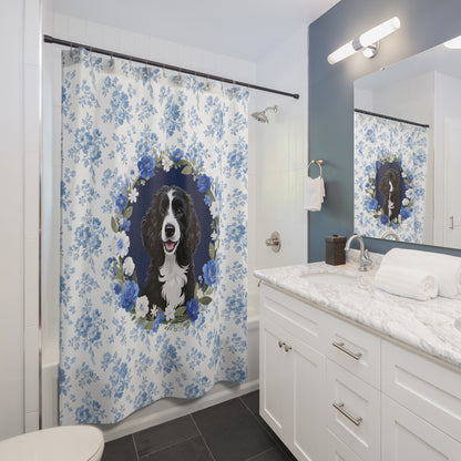 Portuguese Water Dog Blue Floral Shower Curtain – Dog Portrait Bath Decor