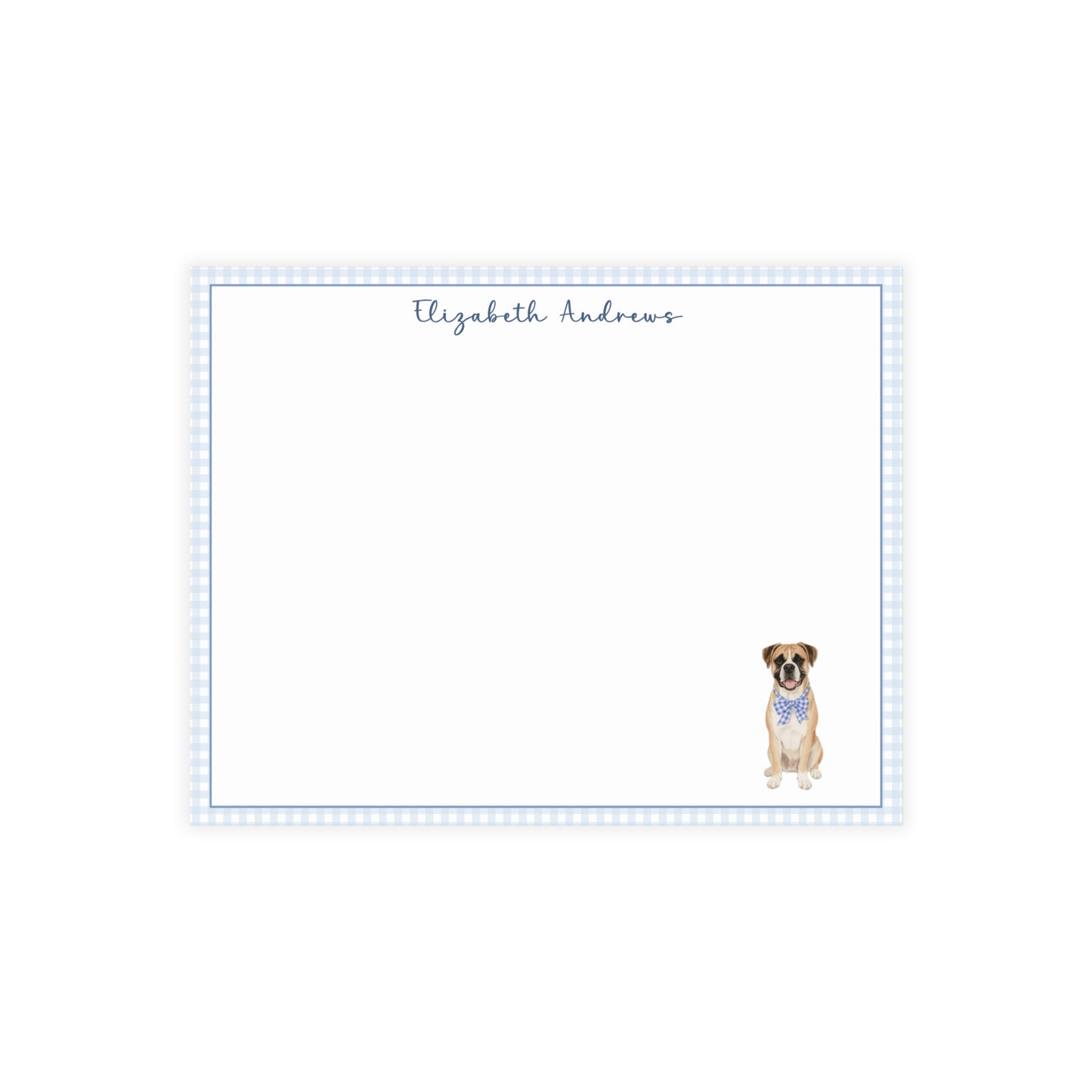 Boxer Dog Blue Gingham Personalized Notecard Set