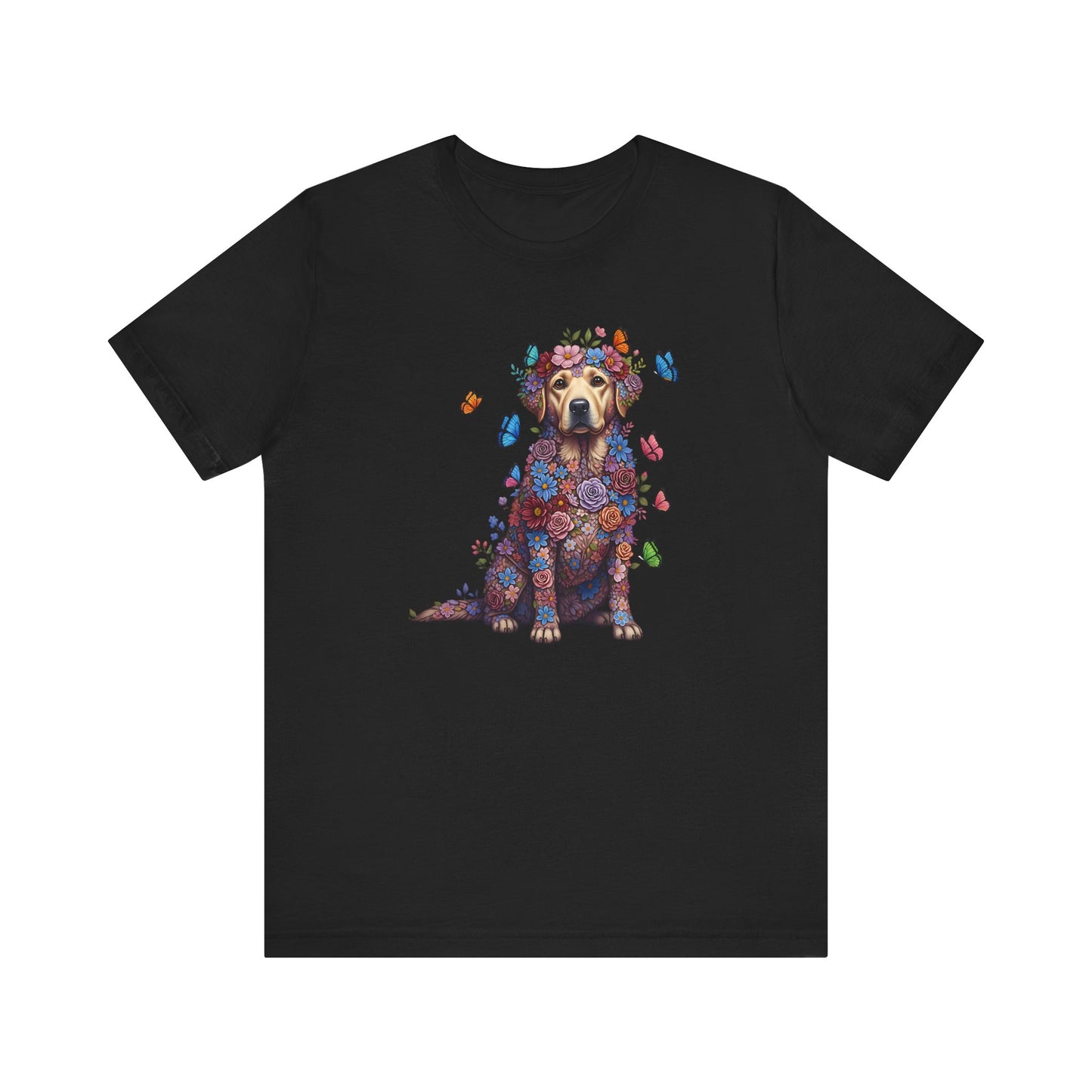 Whimsical Floral Labrador Retriever Tee – Colorful Dog Lover Shirt with Butterflies