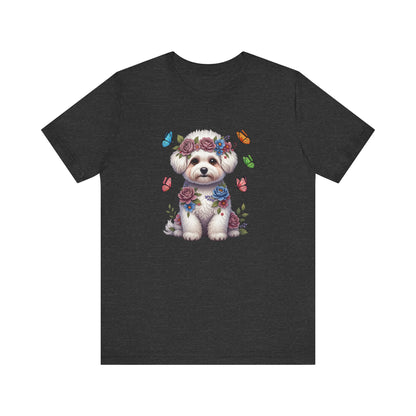 Whimsical Floral Bichon Frise Tee – Colorful Dog Lover Shirt with Butterflies