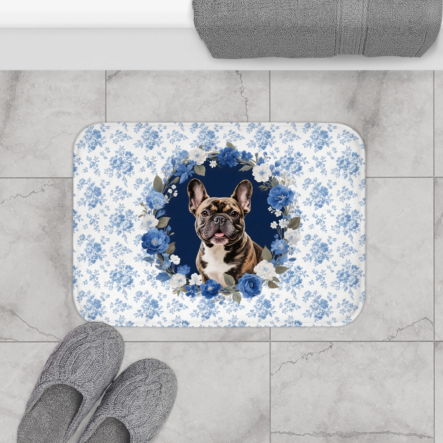Blue Floral Frenchie Bath Mat – Cute Brindle French Bulldog Bathroom Rug