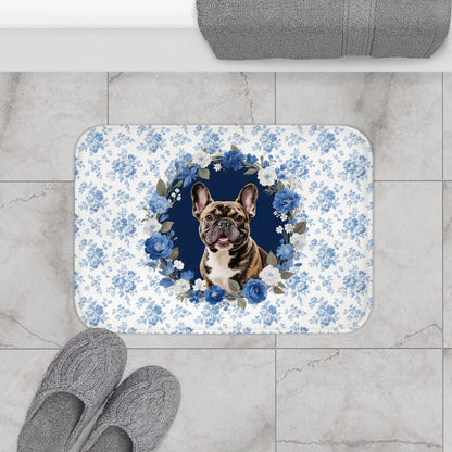 Blue Floral Frenchie Bath Mat – Cute Brindle French Bulldog Bathroom Rug
