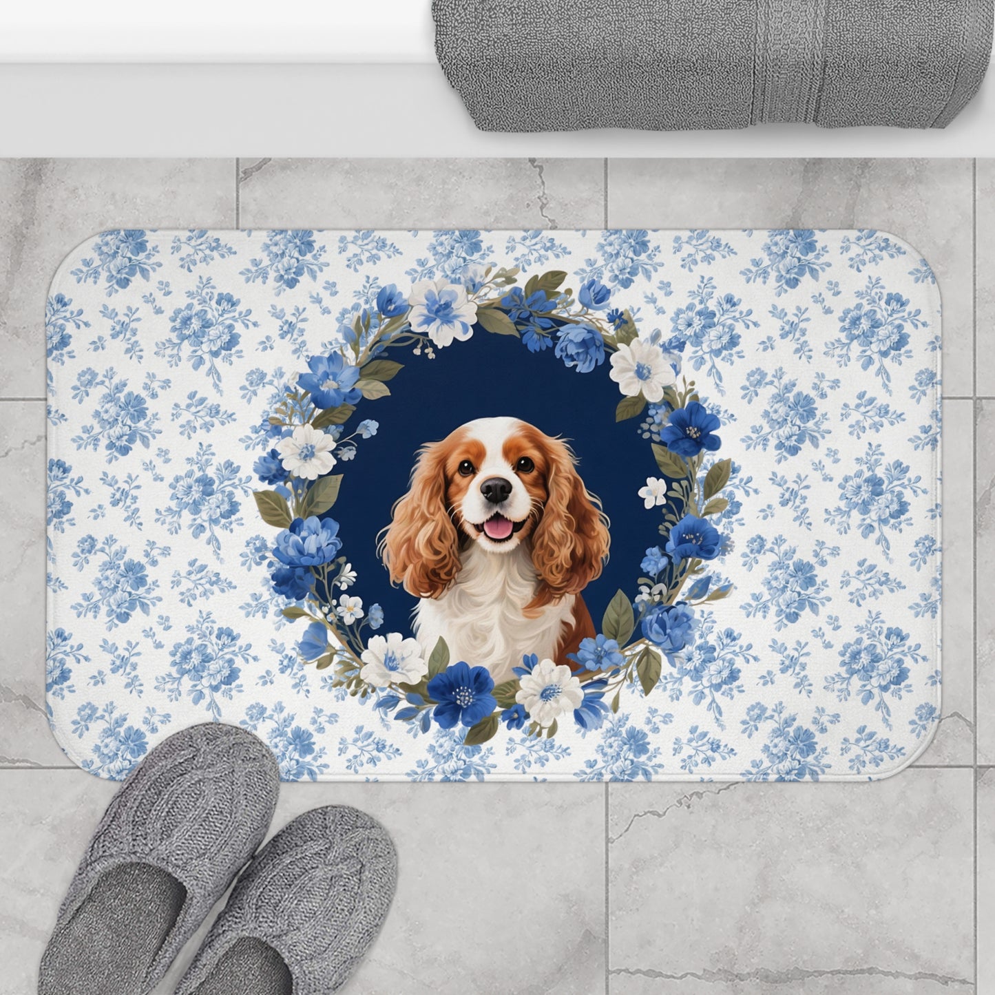 Blue Floral Cavalier Bath Mat – Cute Cavalier King Charles Spaniel Dog Bathroom Rug