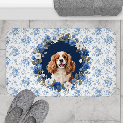 Blue Floral Cavalier Bath Mat – Cute Cavalier King Charles Spaniel Dog Bathroom Rug