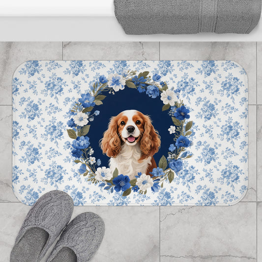 Blue Floral Cavalier Bath Mat – Cute Cavalier King Charles Spaniel Dog Bathroom Rug