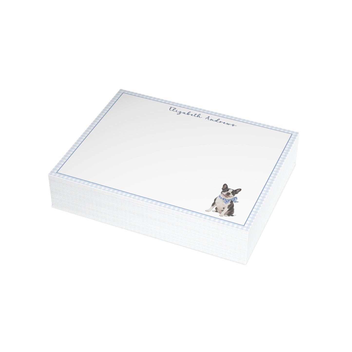 Boston Terrier Dog Blue Gingham Personalized Notecard Set