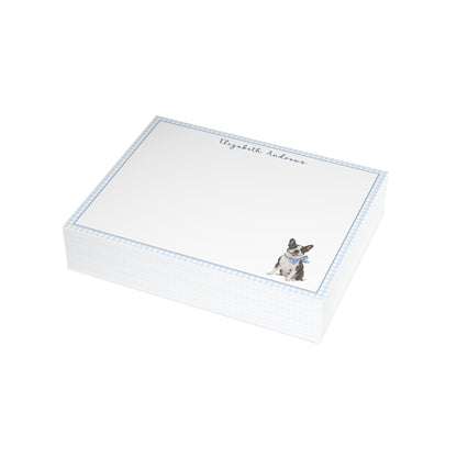 Boston Terrier Dog Blue Gingham Personalized Notecard Set