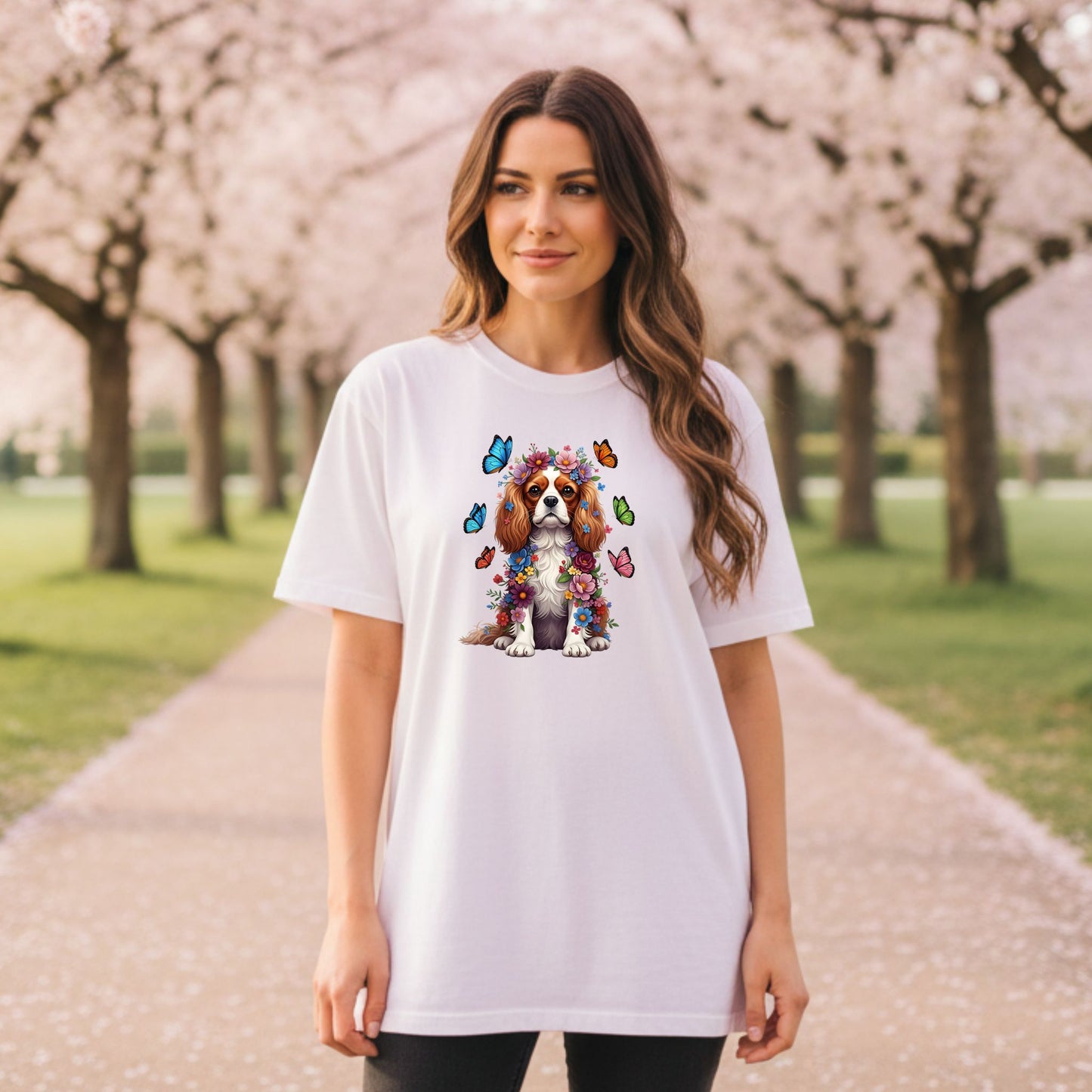 Whimsical Floral Cavalier King Charles Spaniel Tee – Colorful Dog Lover Shirt with Butterflies