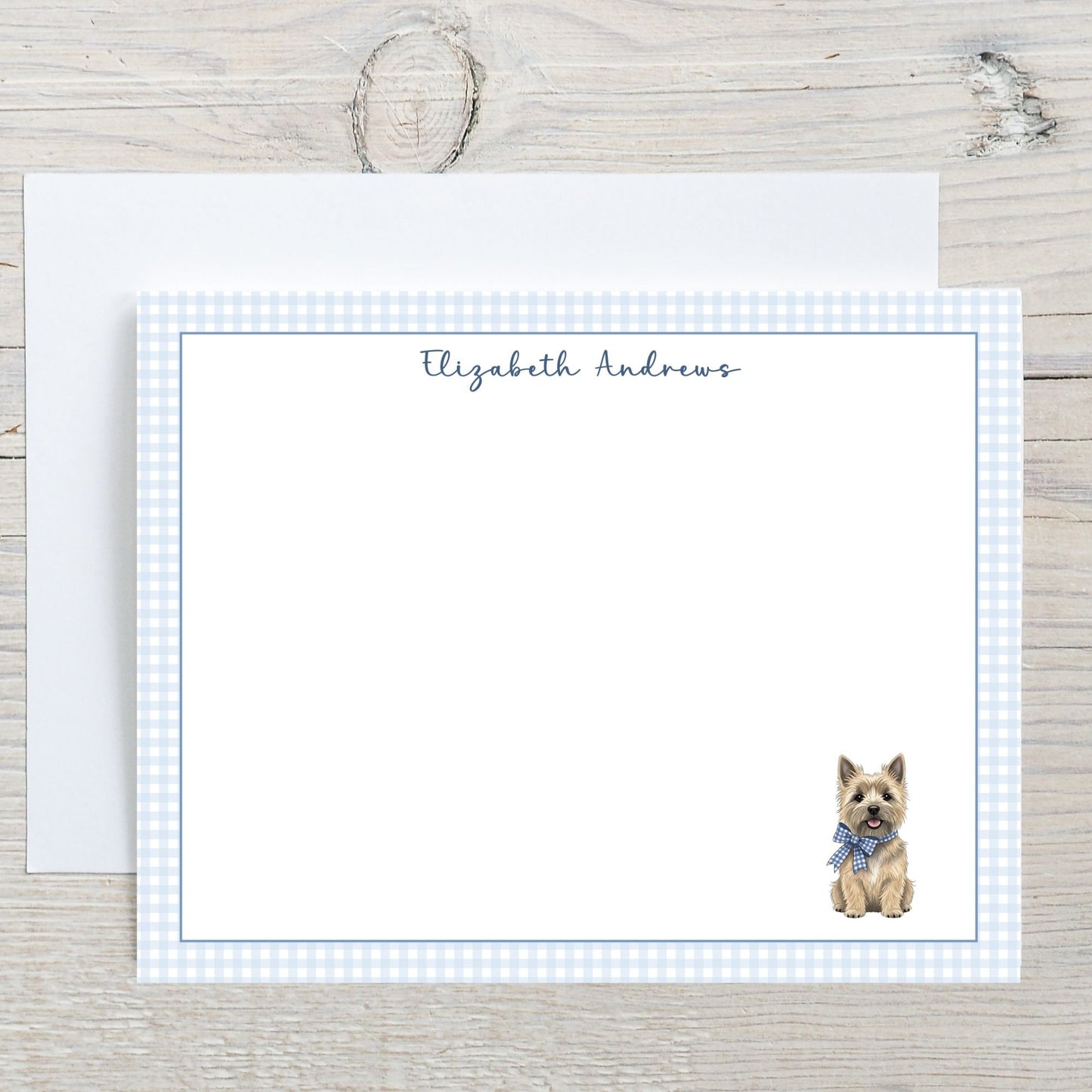Cairn Terrier Blue Gingham Personalized Notecard Set