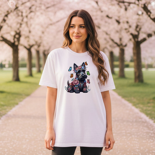 Whimsical Floral Scottish Terrier Tee – Colorful Dog Lover Shirt with Butterflies