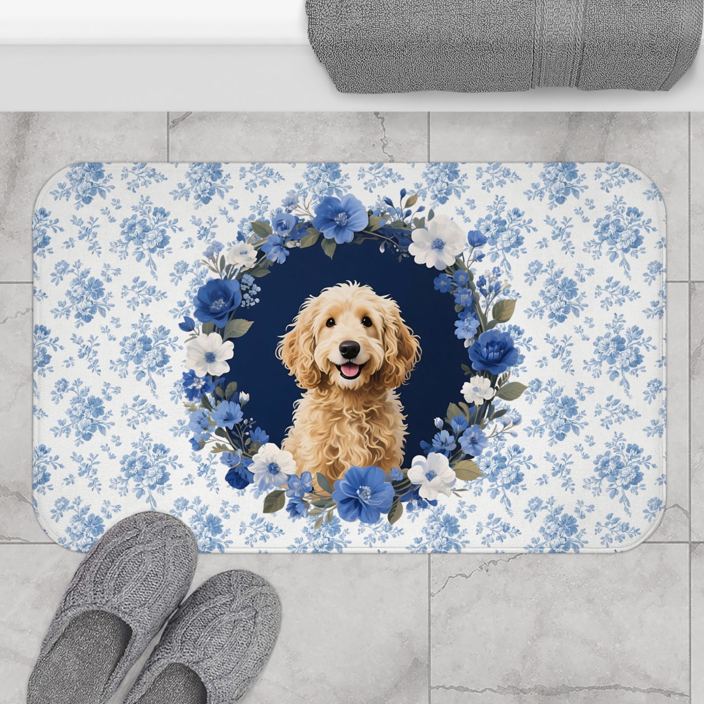 Blue Floral Doodle Bath Mat – Cute Goldendoodle Dog Bathroom Rug