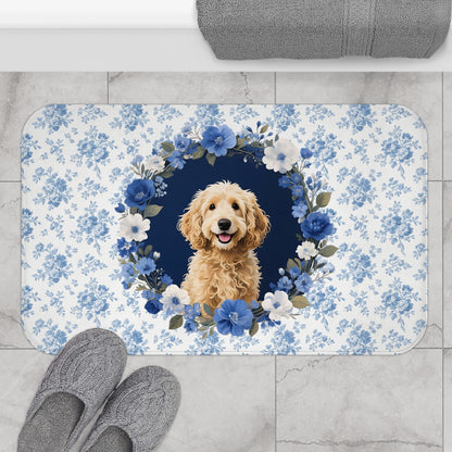 Blue Floral Doodle Bath Mat – Cute Goldendoodle Dog Bathroom Rug