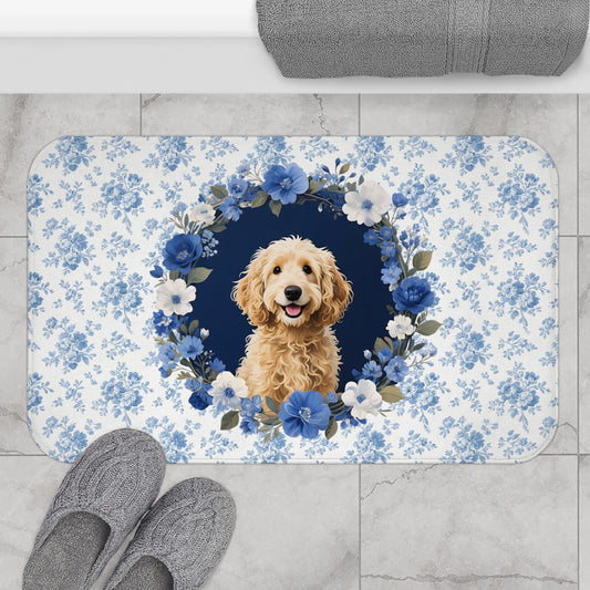 Blue Floral Doodle Bath Mat – Cute Goldendoodle Dog Bathroom Rug