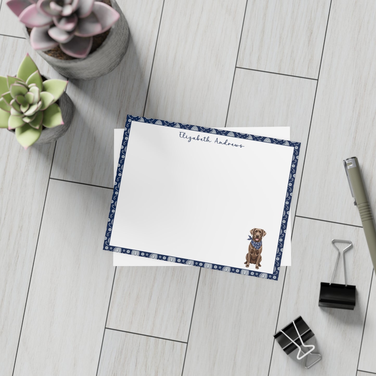 Chocolate Labrador Retriever Navy Blue Paisley Notecard Set