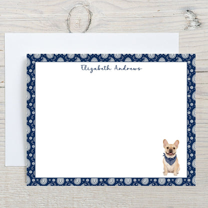 Personalized French Bulldog Navy Blue Paisley Notecard Set