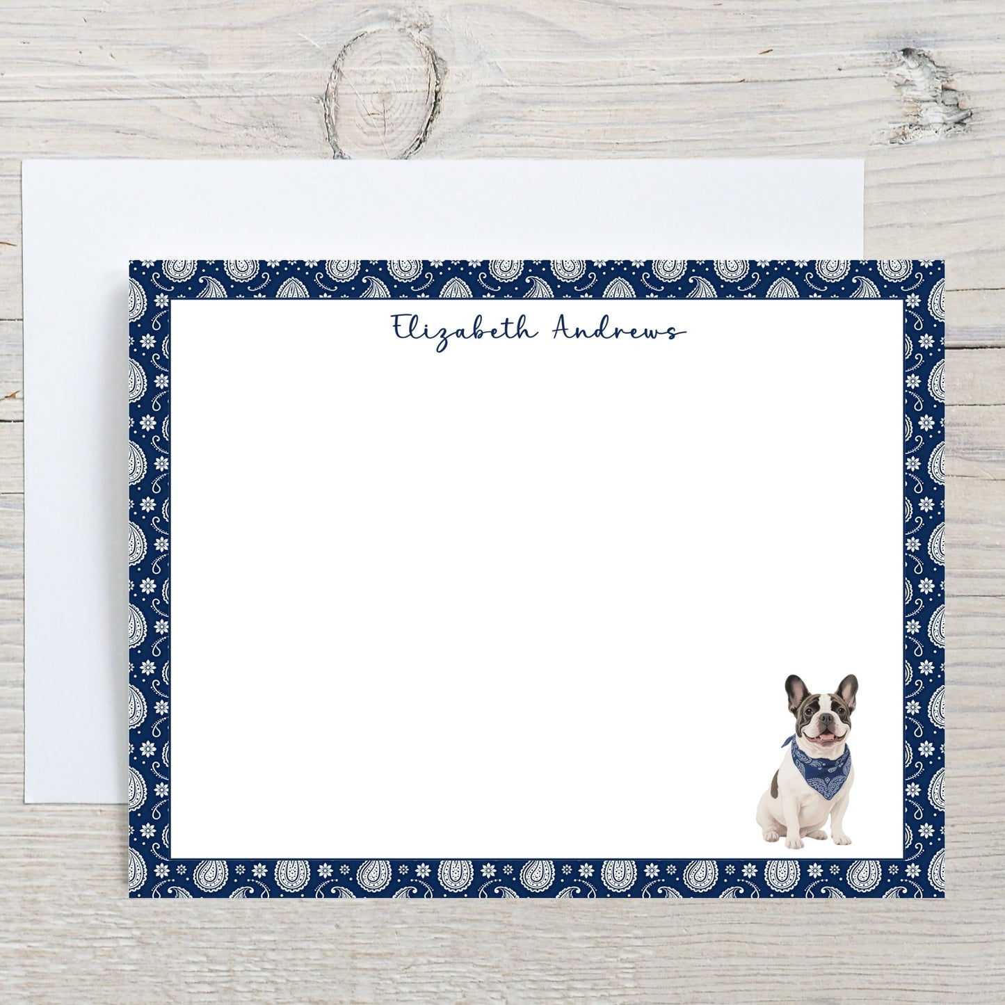 Personalized French Bulldog Navy Blue Paisley Notecard Set