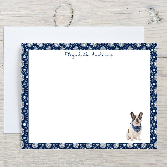 Personalized French Bulldog Navy Blue Paisley Notecard Set