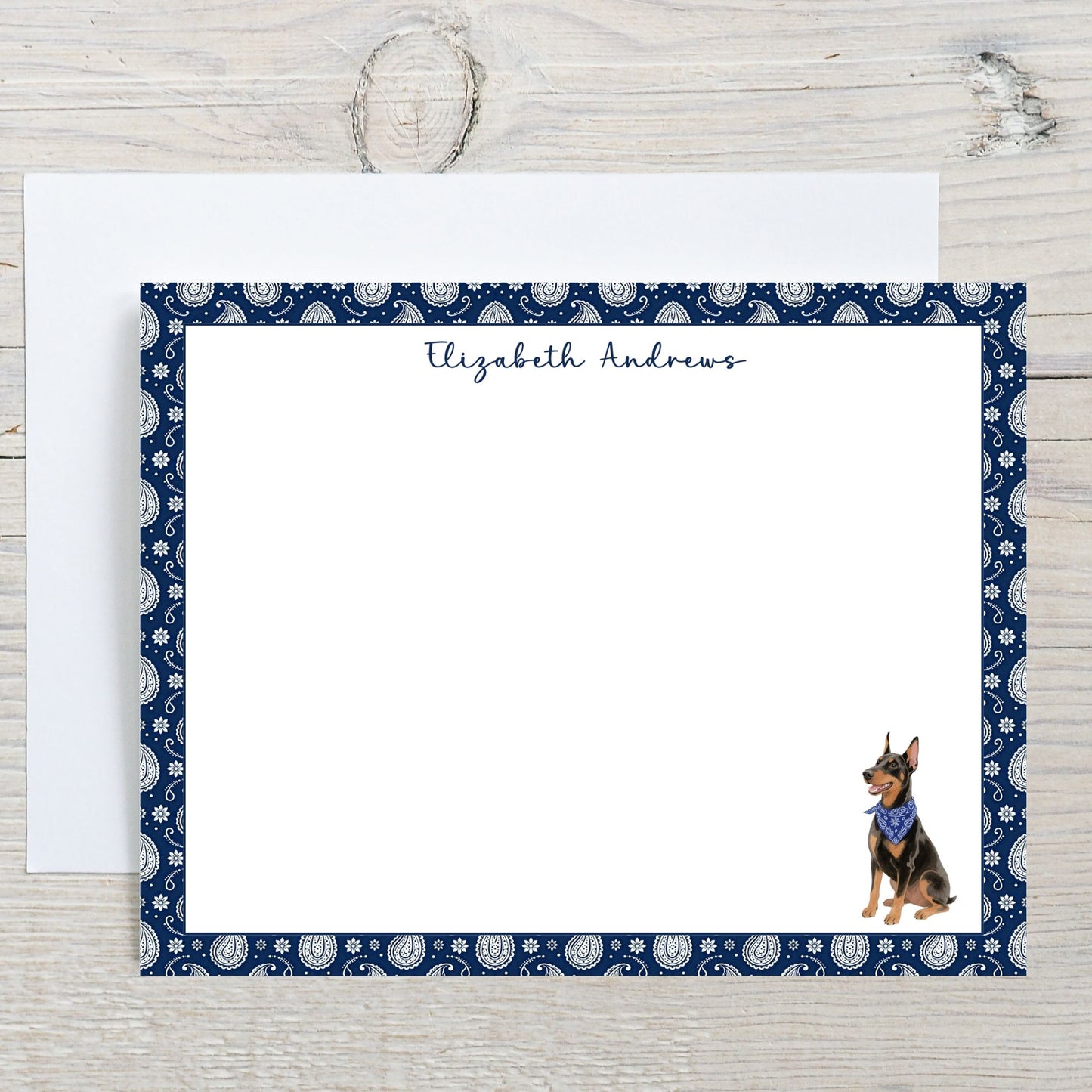 Personalized Doberman Pinscher Navy Blue Paisley Notecard Set