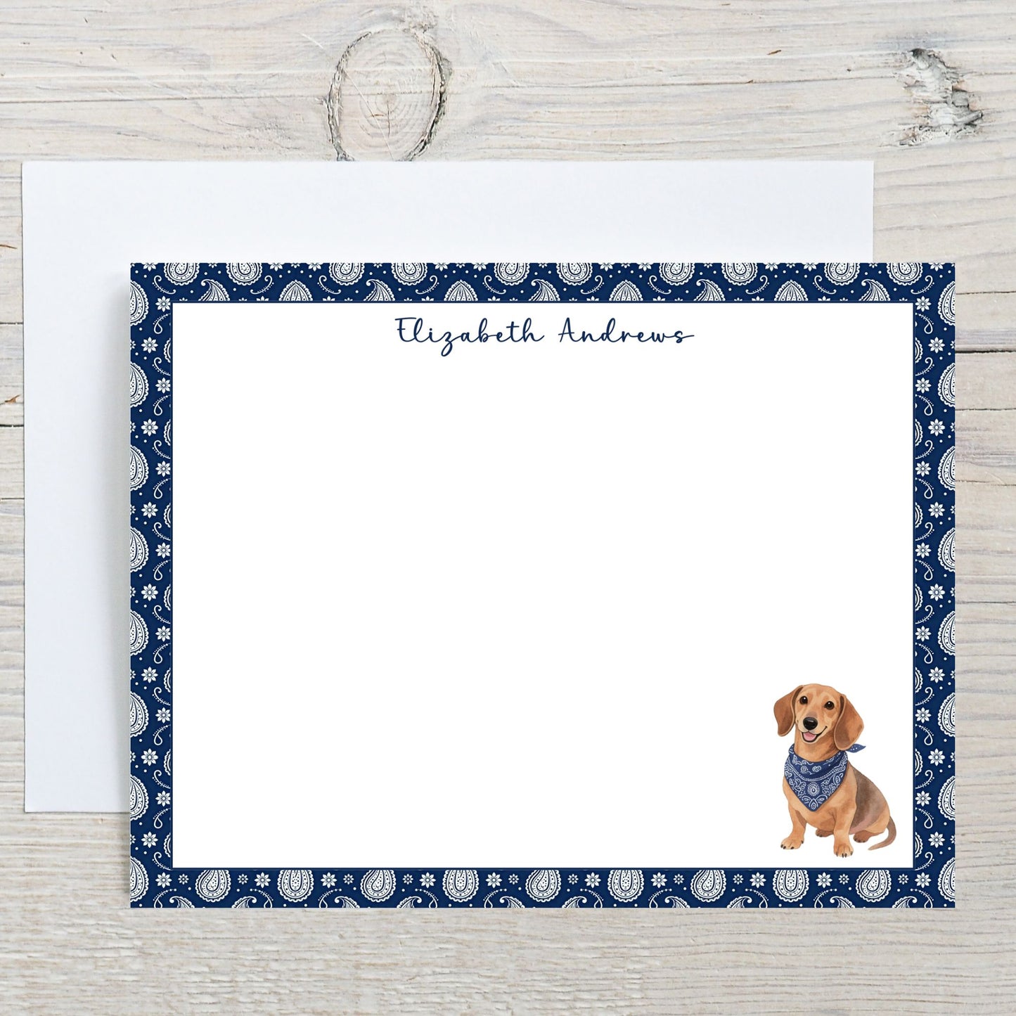 Personalized Dachshund Navy Blue Paisley Notecard Set