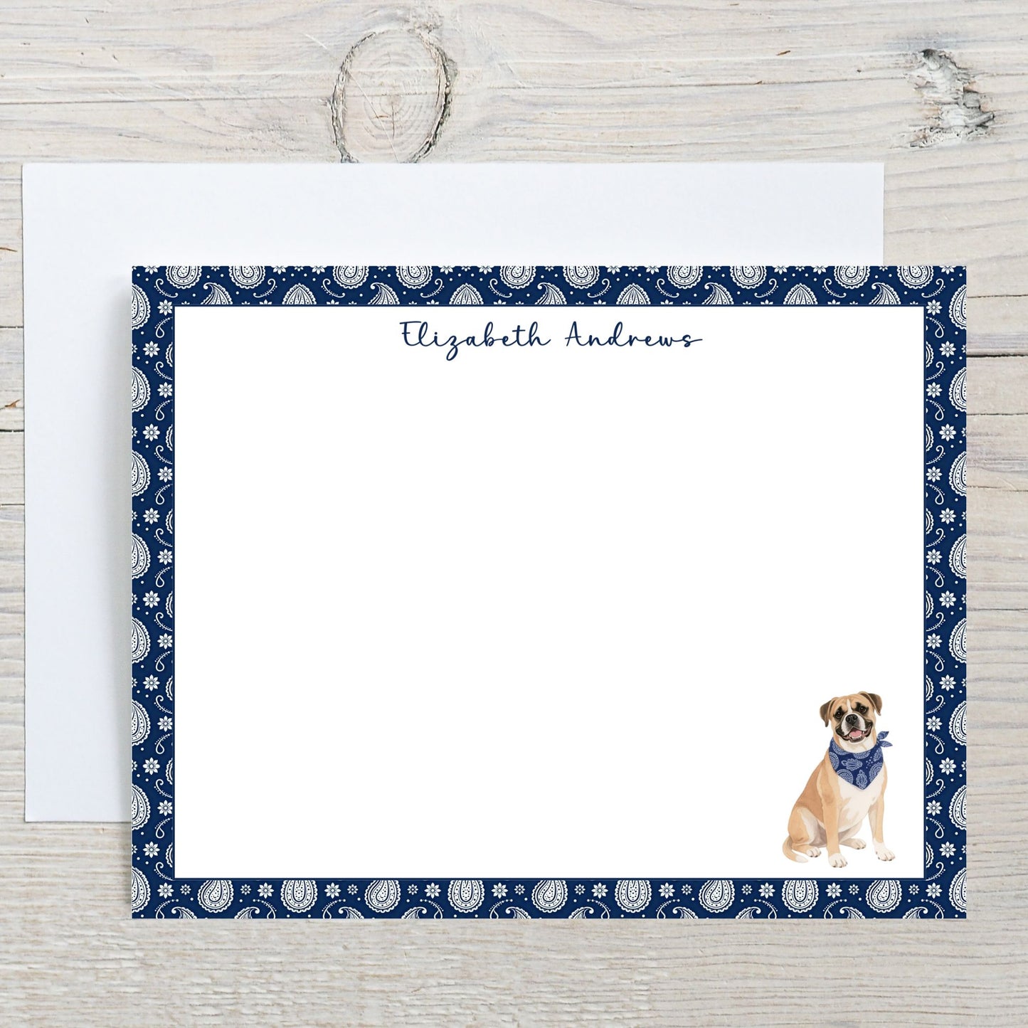 Personalized Boxer Dog Navy Blue Paisley Notecard Set