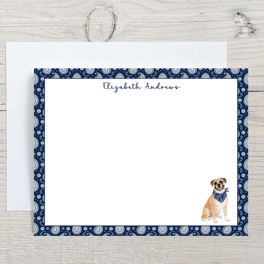 Personalized Boxer Dog Navy Blue Paisley Notecard Set