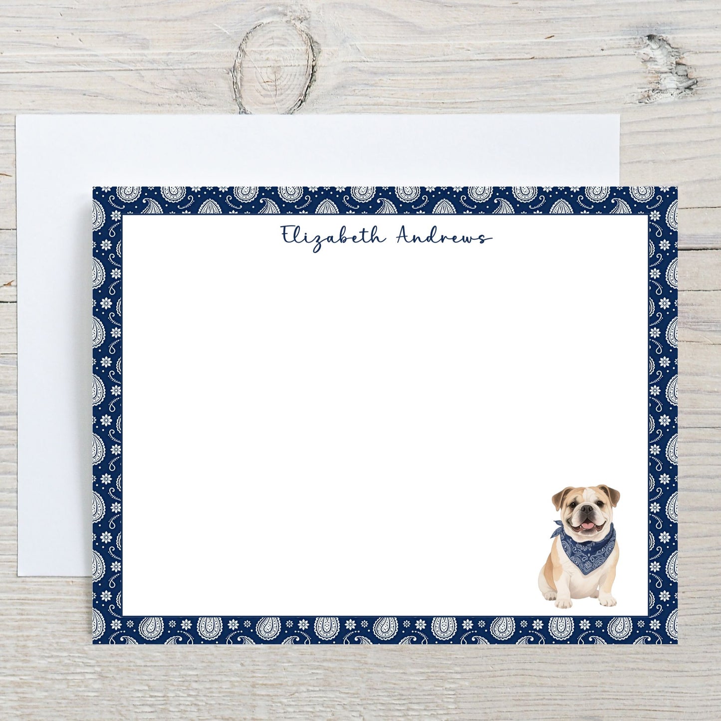 Personalized English Bulldog Navy Blue Paisley Notecard Set