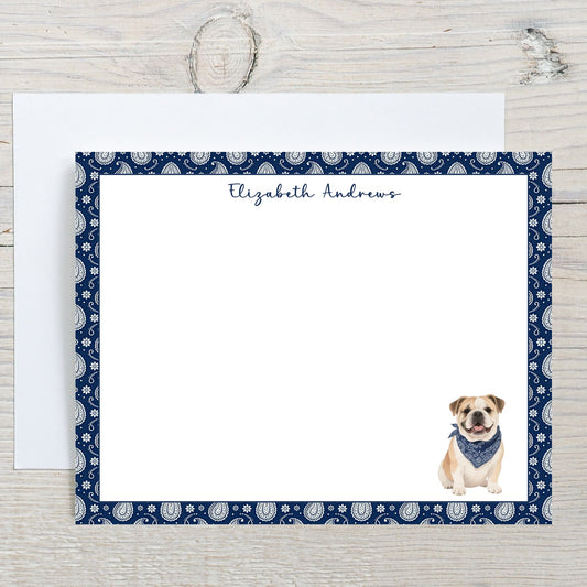 Personalized English Bulldog Navy Blue Paisley Notecard Set