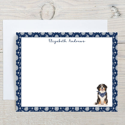 Personalized Bernese Mountain Dog Navy Blue Paisley Notecard Set