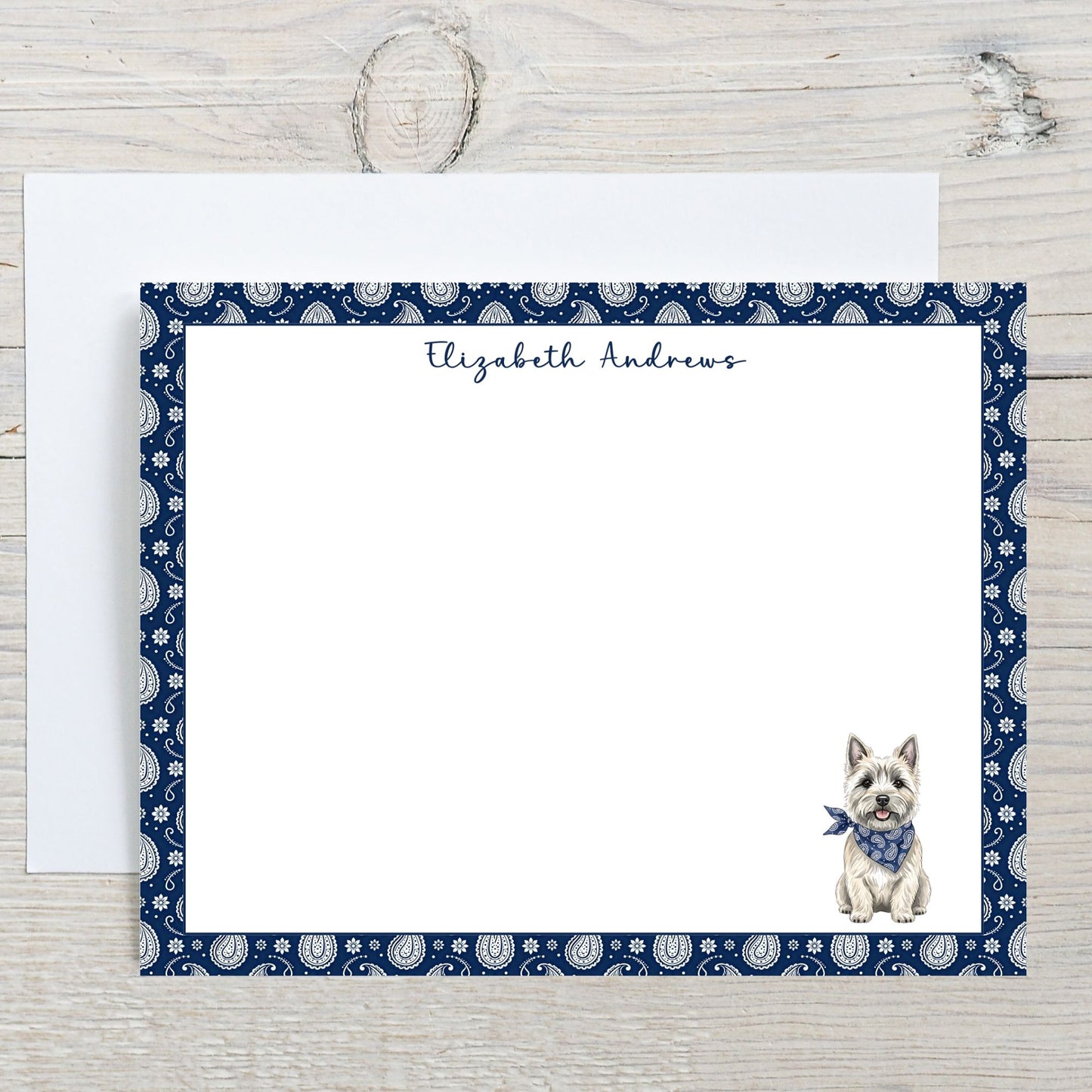Personalized Cairn Terrier Navy Blue Paisley Notecard Set