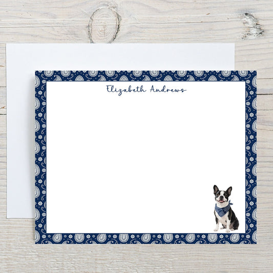 Boston Terrier Navy Blue Paisley Notecard Set